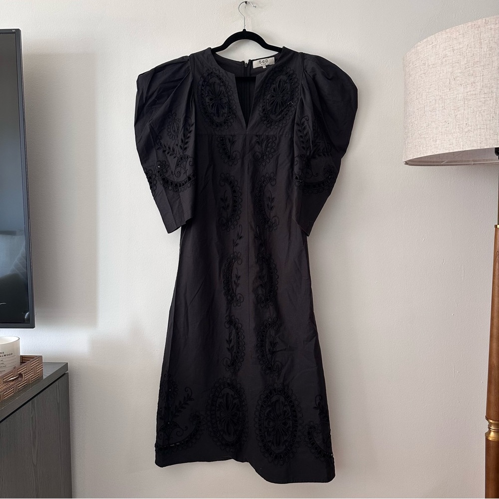 Sea New York‎ Santos Maxi dress-black floral eyelet/ puff sleeves cotton size 4